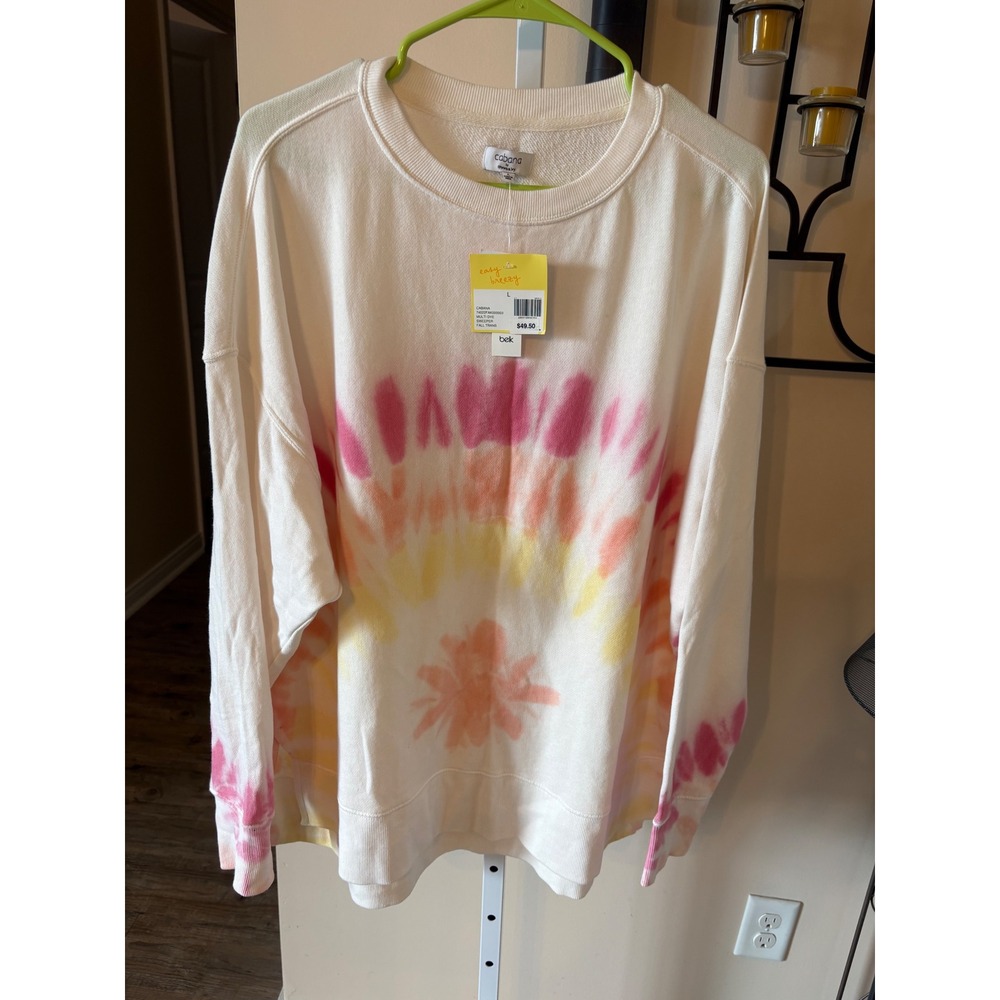 Cabana by Crown & Ivy Women Large Tie Dye Sweeper Sweatshirt Pink Yellow White